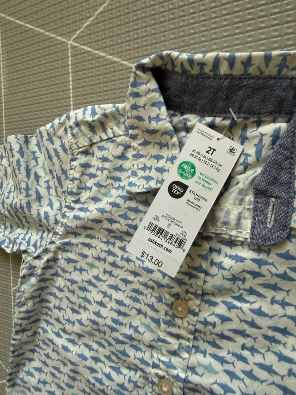 OshKosh B'gosh|White and Blue DitsyShark-Print Button-Down Shirt with collar•NWT